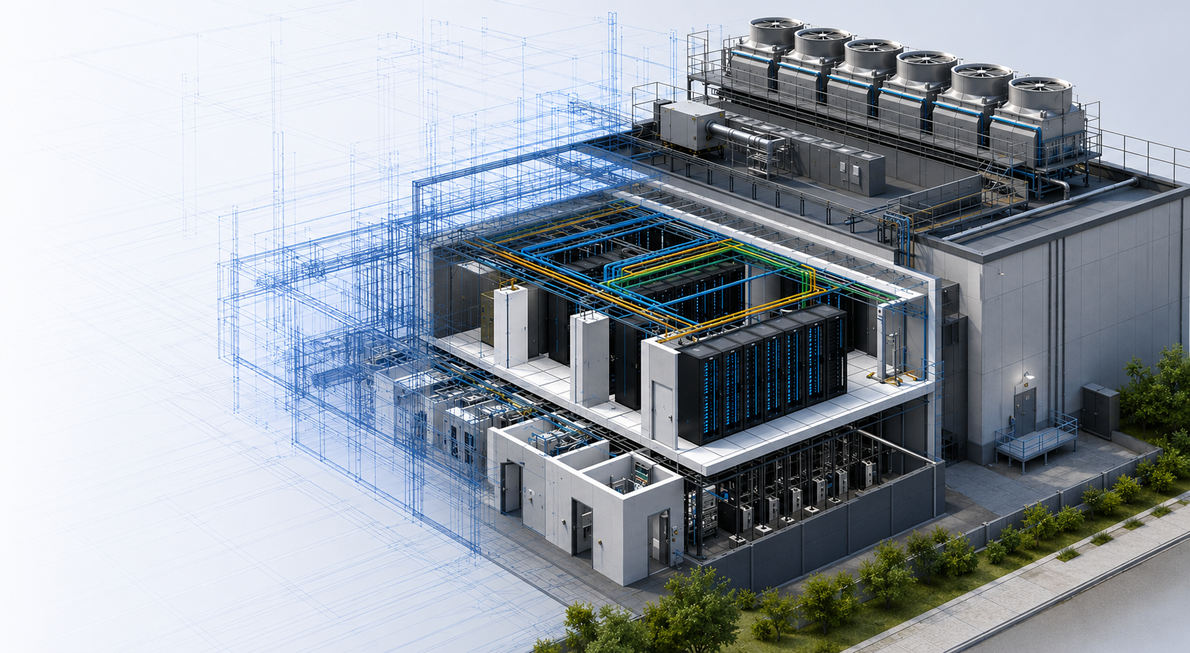 3D BIM visualization of a data center facility with rooftop cooling systems and internal server infrastructure